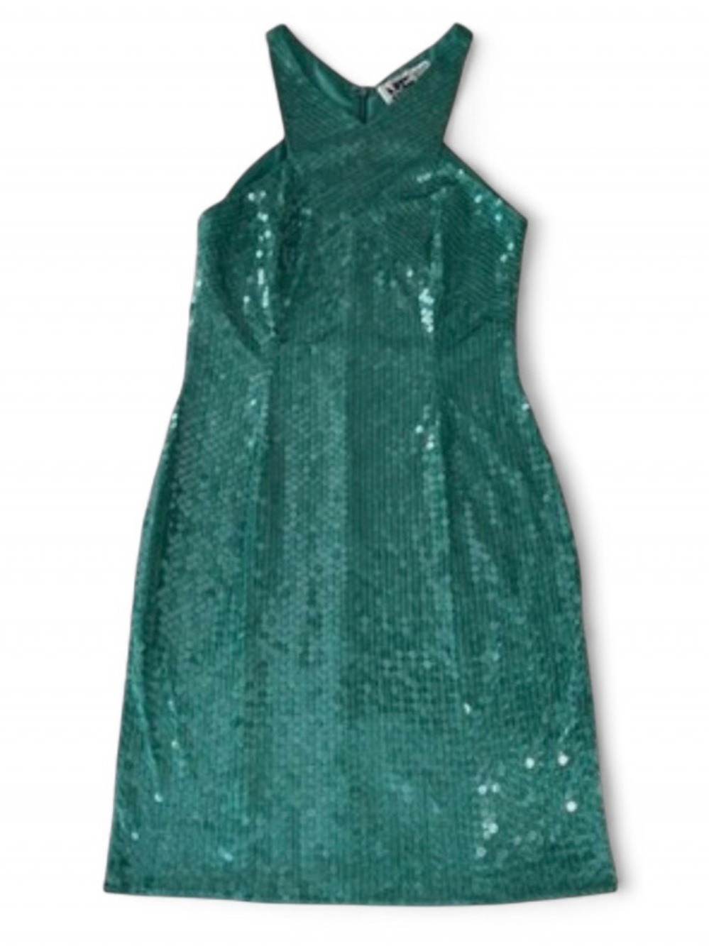 Vintage 80s/90s NiteLine Teal sequined halter neck crisp cross mini dress (8)
